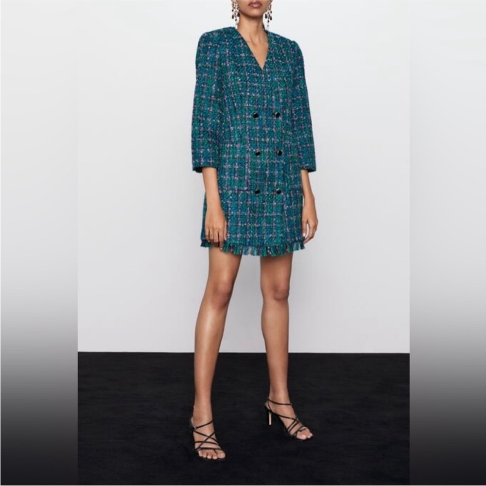 Zara Teal Tweed Blazer Dress, size S